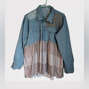 NWOT Women's Patchwork Denim Jacket with Lace and Floral Accents- L